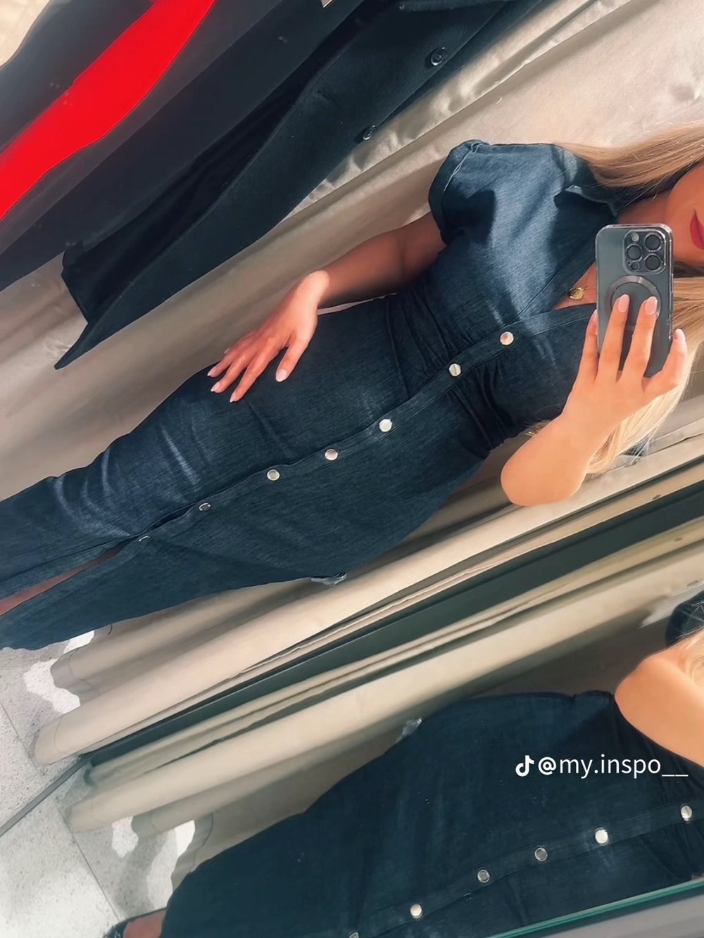 ZARA Dark Blue Denim Midi Shirt Dress - Picture 13 of 15